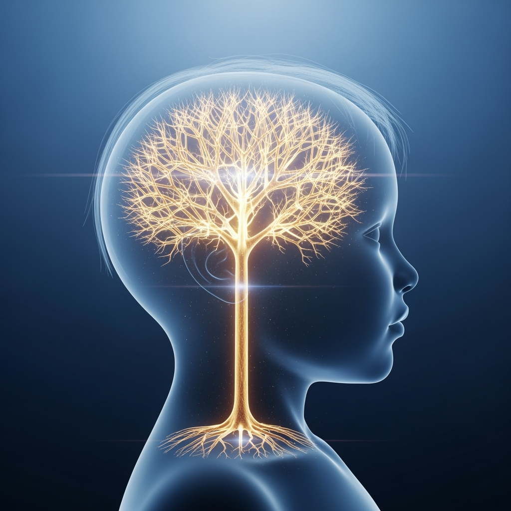Ilustración conceptual del perfil de un niño translúcido, mostrando un árbol dorado y brillante en el interior de su cabeza que representa el cerebro y las redes neuronales