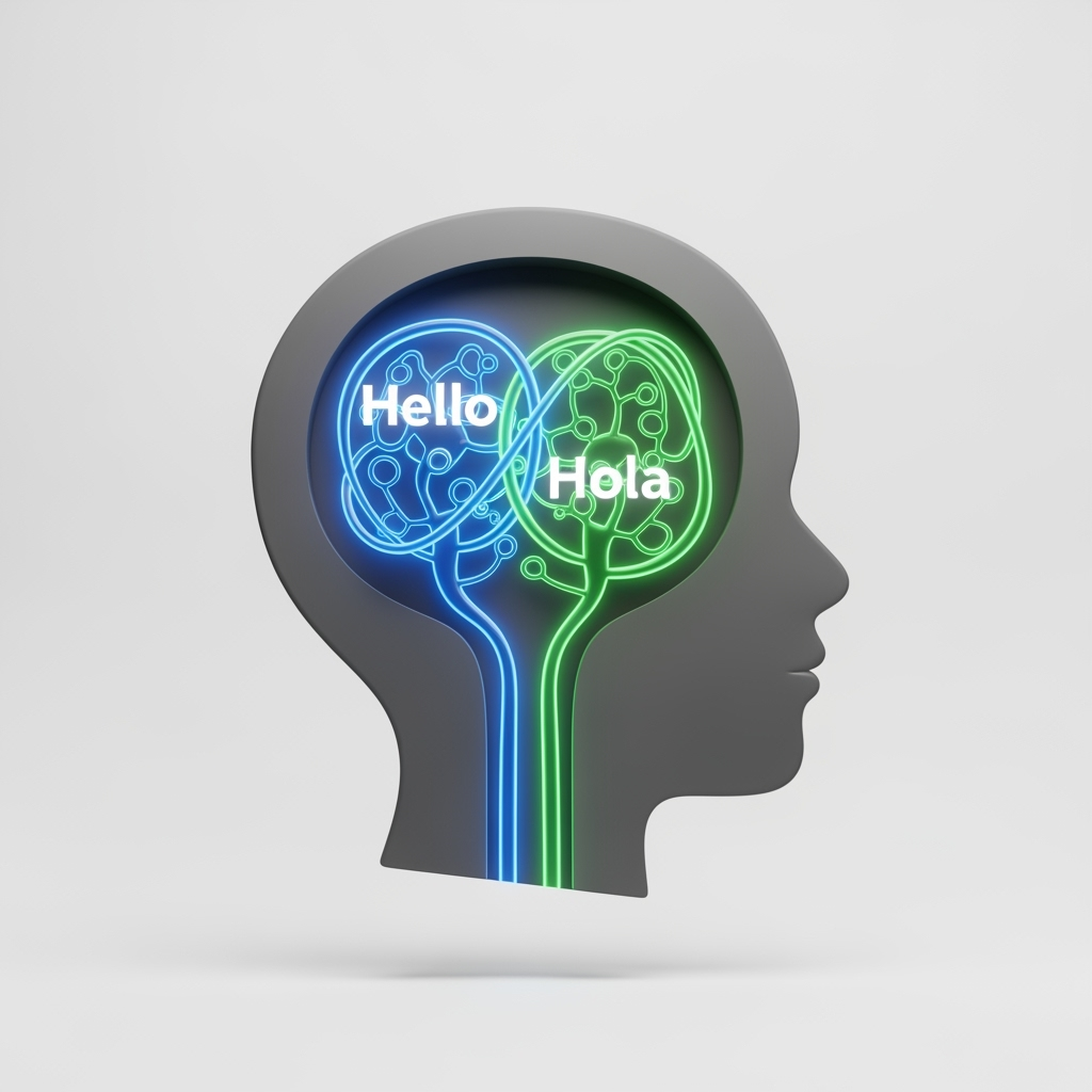 Ilustración de un cerebro con dos hemisferios iluminados en neón azul y verde, representando las redes neuronales del bilingüismo con las palabras "Hello" y "Hola"