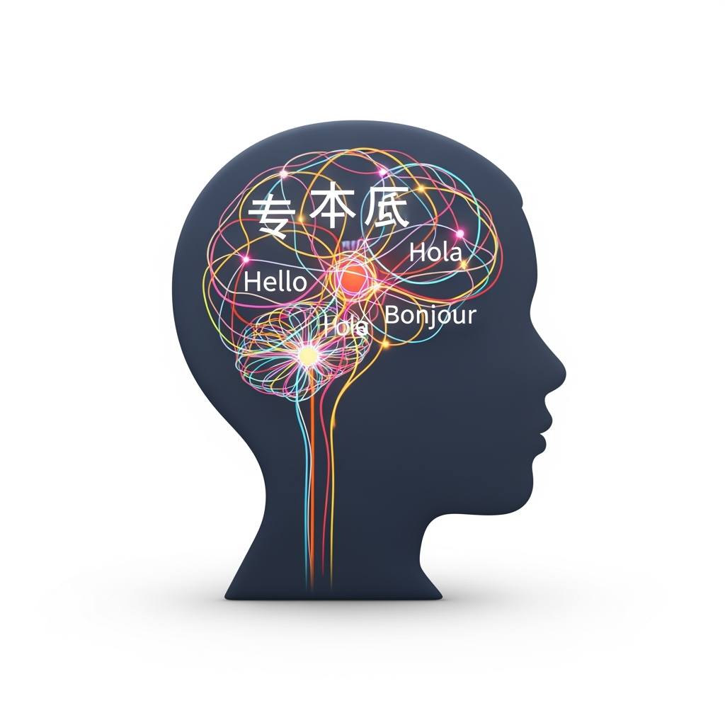 Ilustración de un cerebro con una compleja red neuronal multicolor que representa el multilingüismo, mostrando saludos en varios idiomas como "Hello", "Hola", "Bonjour" y caracteres chinos.