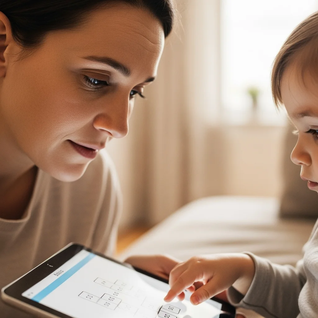 Madre e hijo pequeño compartiendo un momento de aprendizaje y conexión mientras utilizan una aplicación de terapia en una tableta.